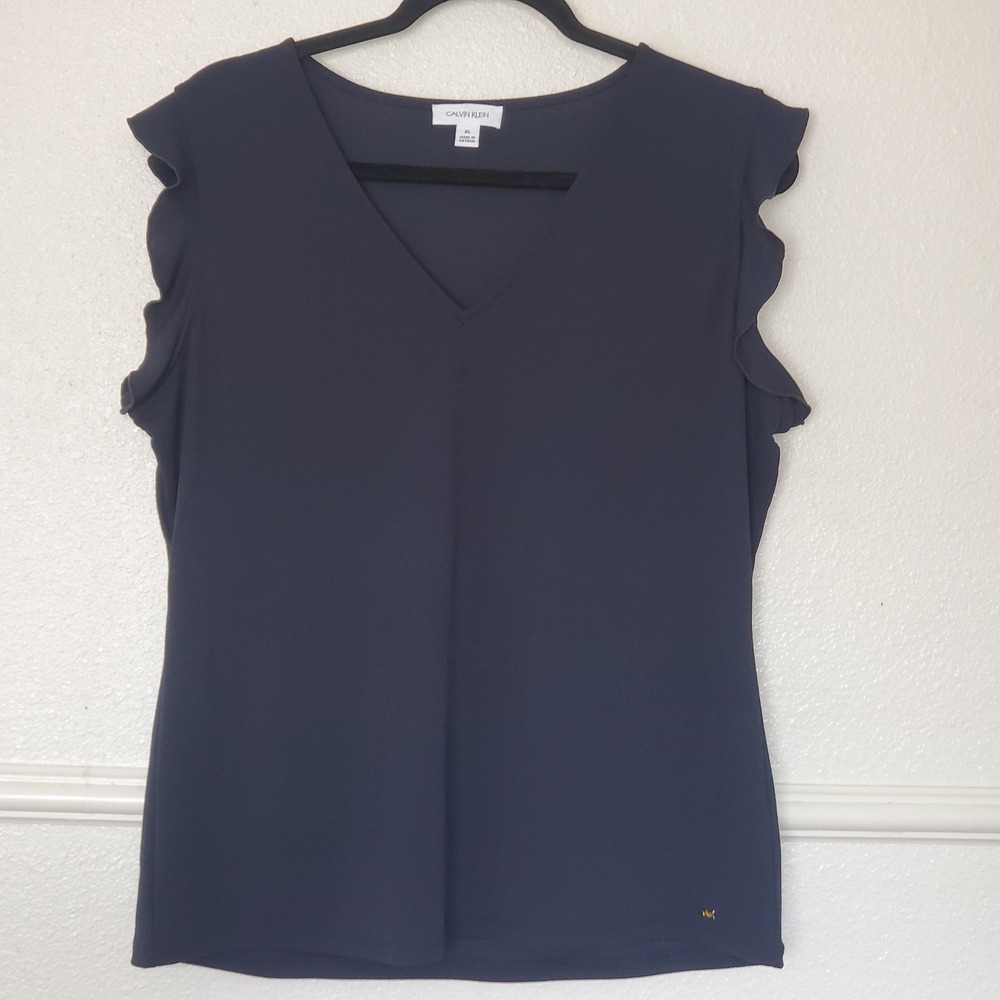 Calvin Klein Womens Navy Blue V-Neck Ruffle Sleeve Blouse XL Stretch Top